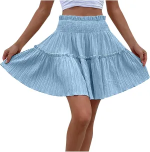Women's Mini Skirt Summer Beach Skirt Casual Elastic High Waist Pleated A Line Ruffle Hem Flowy A Line Short Skirt