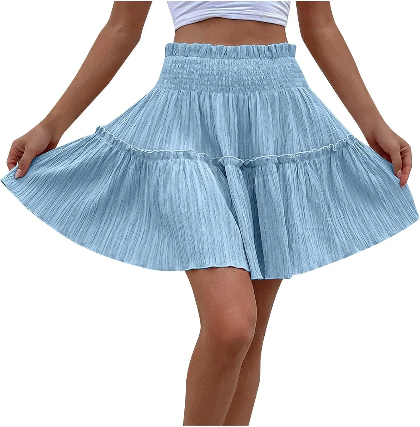 Women's Mini Skirt Summer Beach Skirt Casual Elastic High Waist Pleated A Line Ruffle Hem Flowy A Line Short Skirt