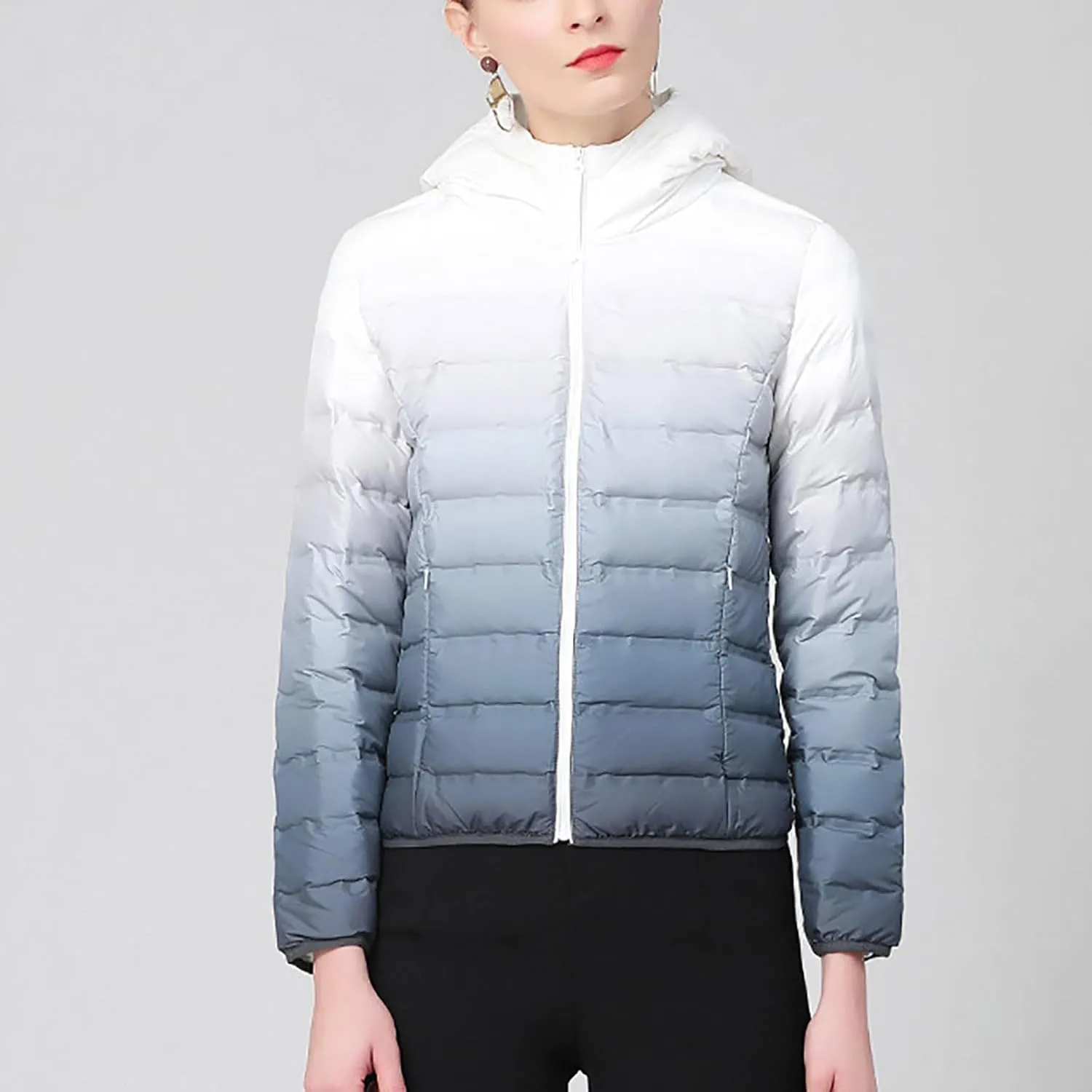 Womens Ombre Color Puffer Jacket with Hood Zipper Long Sleeve down Jackets Casual Lightweight Winter Warm Padded Coat