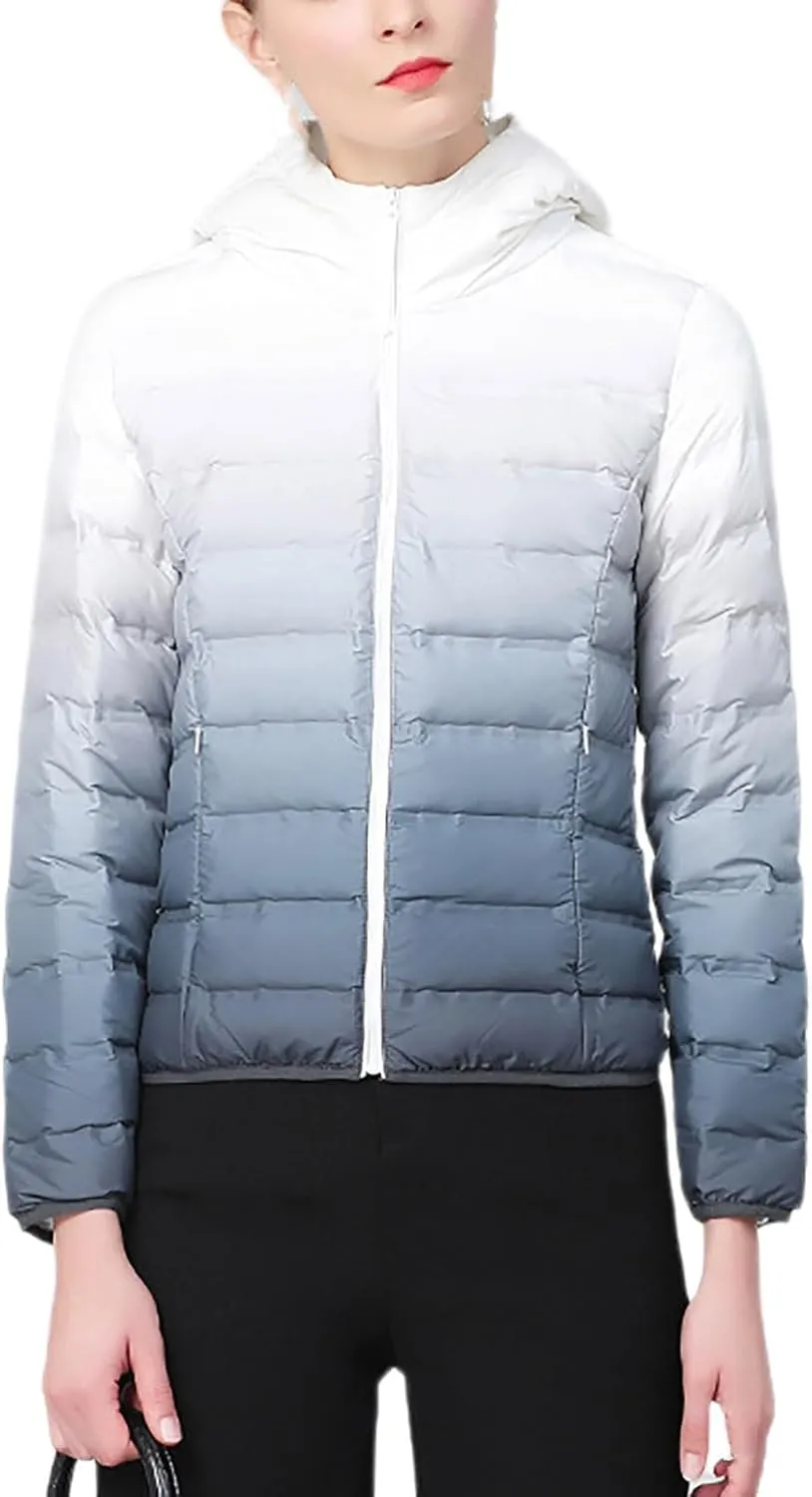 Womens Ombre Color Puffer Jacket with Hood Zipper Long Sleeve down Jackets Casual Lightweight Winter Warm Padded Coat