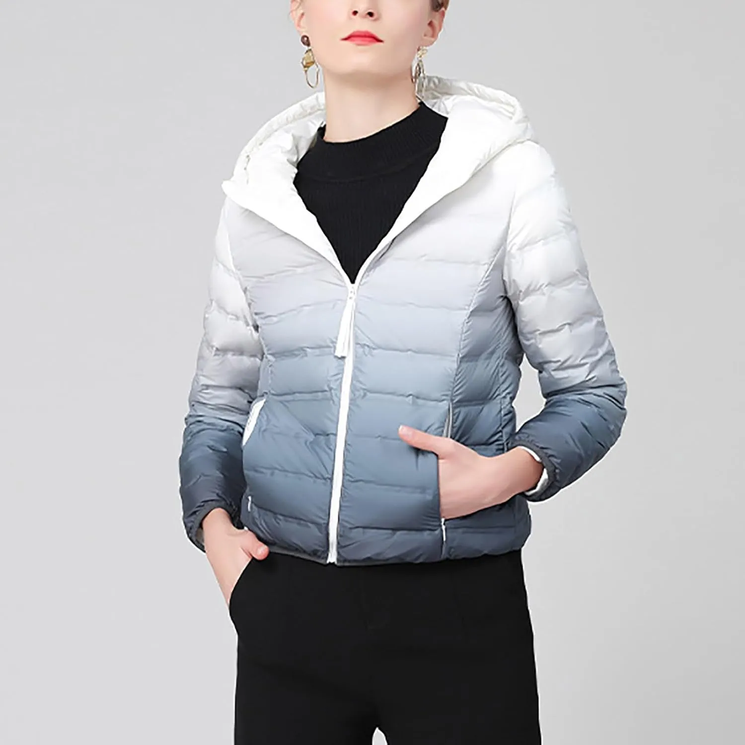 Womens Ombre Color Puffer Jacket with Hood Zipper Long Sleeve down Jackets Casual Lightweight Winter Warm Padded Coat