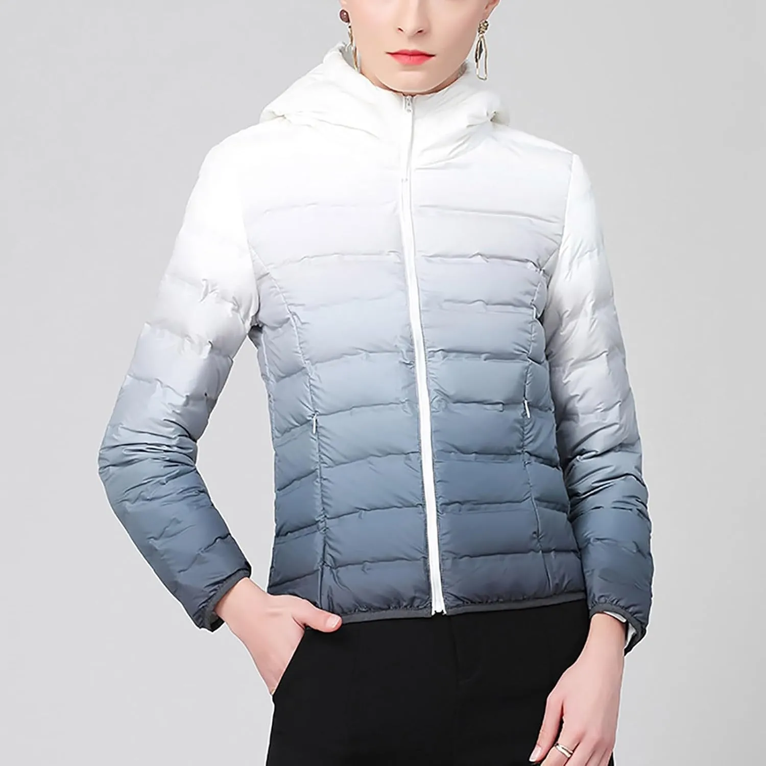 Womens Ombre Color Puffer Jacket with Hood Zipper Long Sleeve down Jackets Casual Lightweight Winter Warm Padded Coat