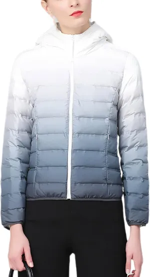 Womens Ombre Color Puffer Jacket with Hood Zipper Long Sleeve down Jackets Casual Lightweight Winter Warm Padded Coat