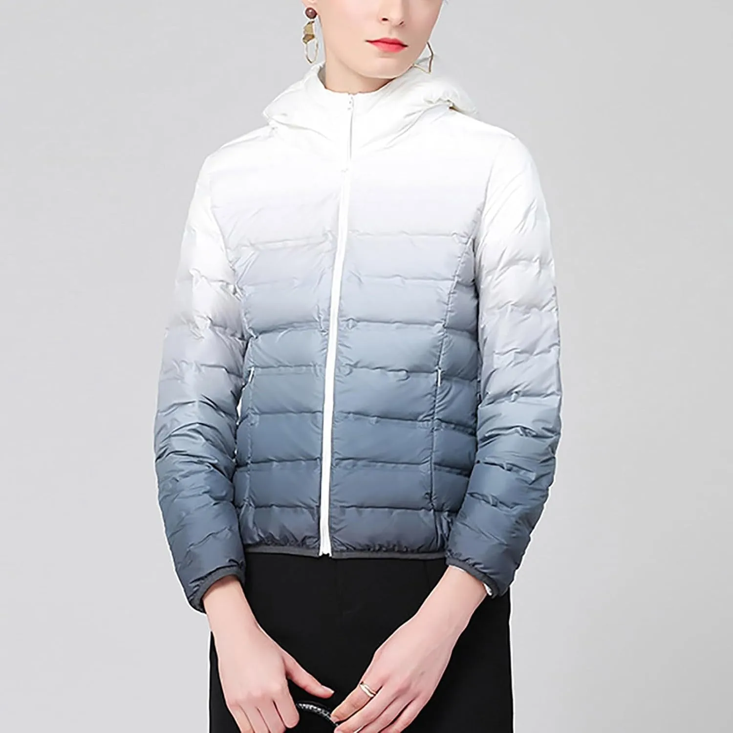 Womens Ombre Color Puffer Jacket with Hood Zipper Long Sleeve down Jackets Casual Lightweight Winter Warm Padded Coat