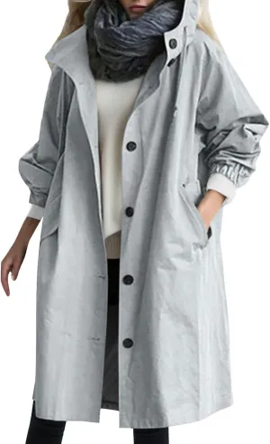 Womens Oversized Trench Coat Lightweight Windbreaker Waterproof Raincoat Long Hooded Pea Coat Lined Elegant Jacket