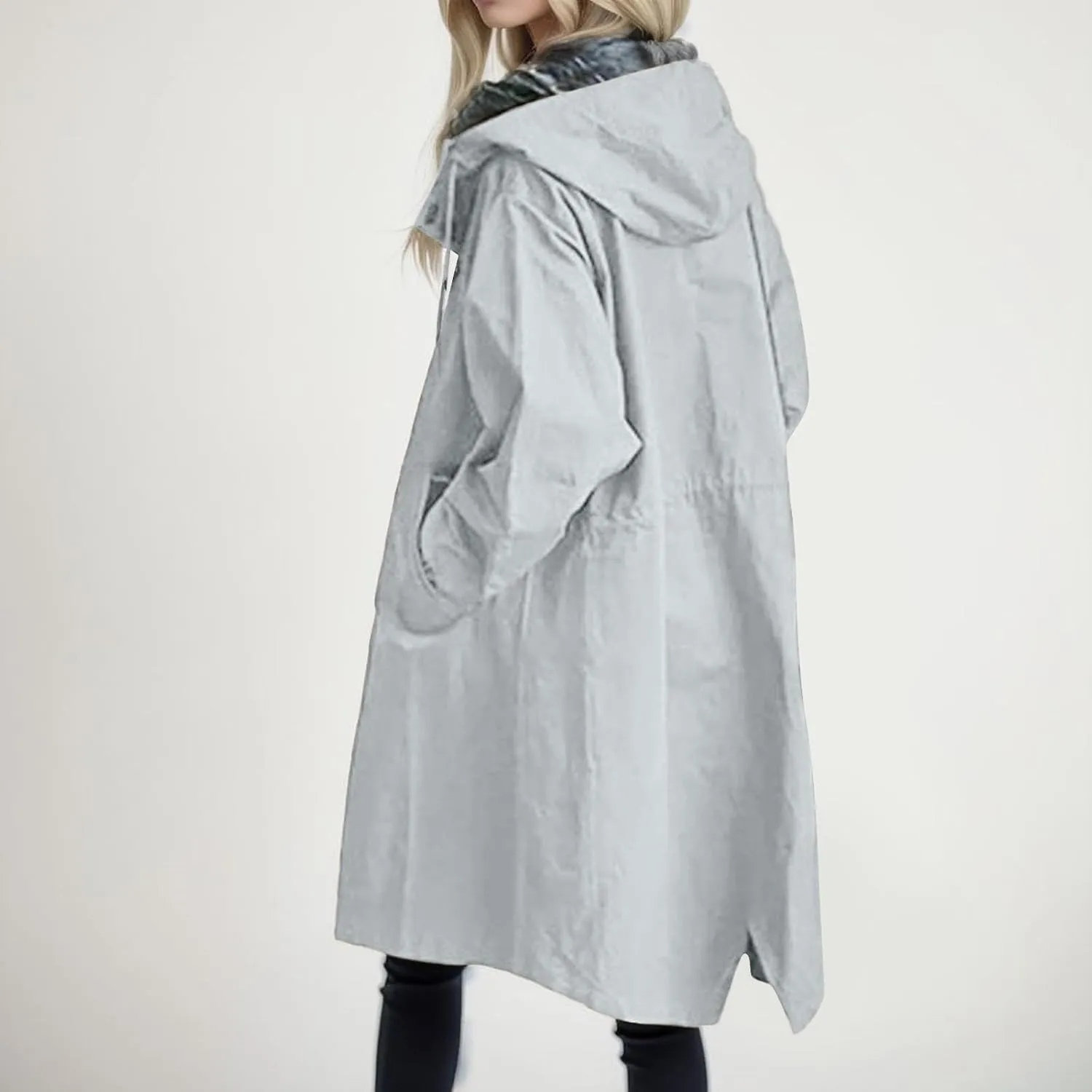 Womens Oversized Trench Coat Lightweight Windbreaker Waterproof Raincoat Long Hooded Pea Coat Lined Elegant Jacket
