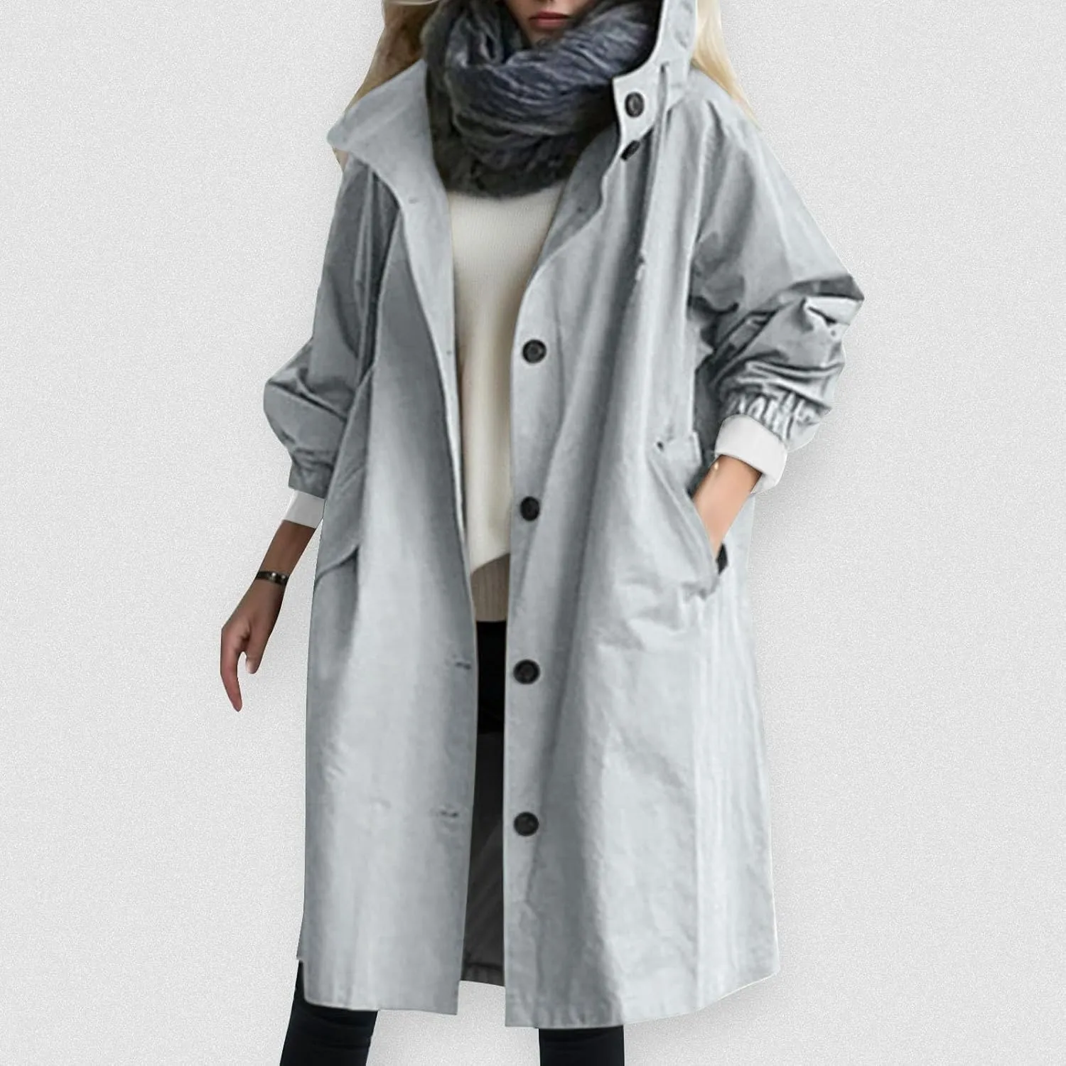Womens Oversized Trench Coat Lightweight Windbreaker Waterproof Raincoat Long Hooded Pea Coat Lined Elegant Jacket