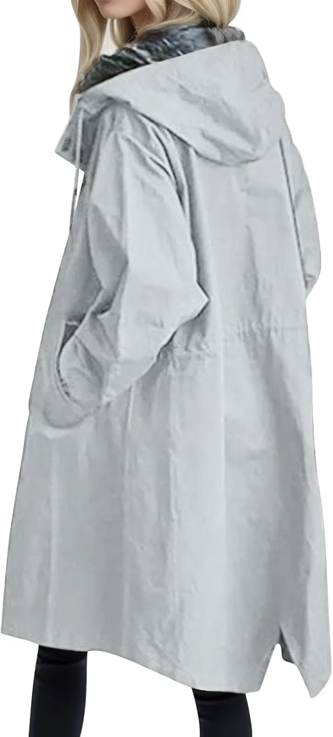 Womens Oversized Trench Coat Lightweight Windbreaker Waterproof Raincoat Long Hooded Pea Coat Lined Elegant Jacket