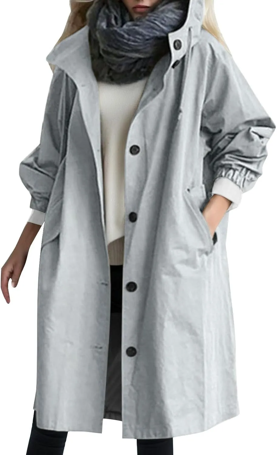 Womens Oversized Trench Coat Lightweight Windbreaker Waterproof Raincoat Long Hooded Pea Coat Lined Elegant Jacket