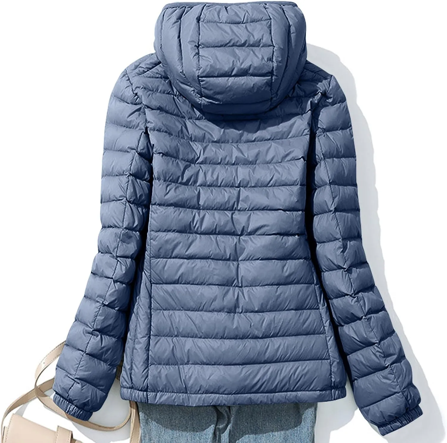 Womens Packable Down Jacket Lightweight Quilted Puffer Coat Casual Zipper Pockets Duck Down Outwear with Removable Hood