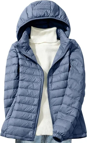 Womens Packable Down Jacket Lightweight Quilted Puffer Coat Casual Zipper Pockets Duck Down Outwear with Removable Hood