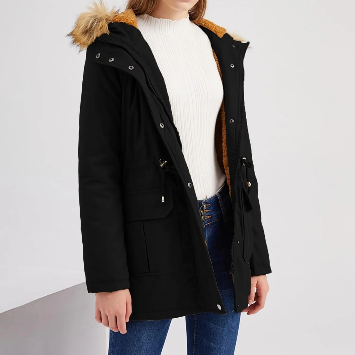 Women's Packable Lightweight Puffer Jacket Ladies Padded Thermal Overcoat with Faux Hooded Waterproof Faux Fur