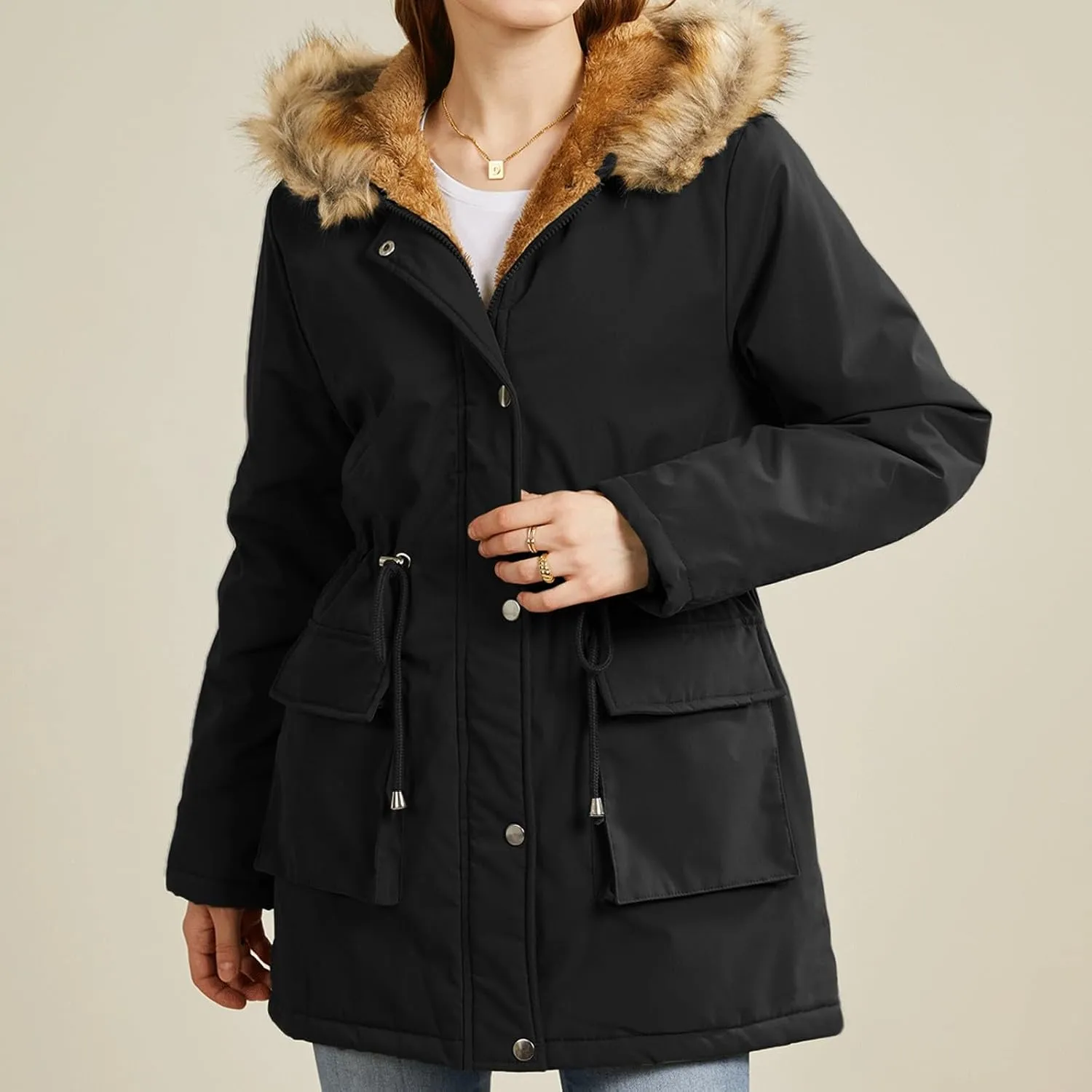 Women's Packable Lightweight Puffer Jacket Ladies Padded Thermal Overcoat with Faux Hooded Waterproof Faux Fur