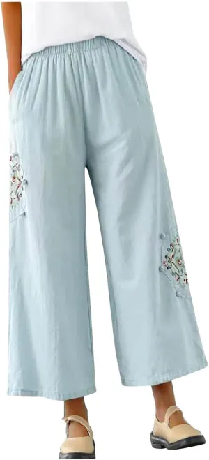 Women's Palazzo Pants Casual Plus Size Linen Wide Leg Pants Baggy Ankle Length Floral Embroidered Pants with Pockets