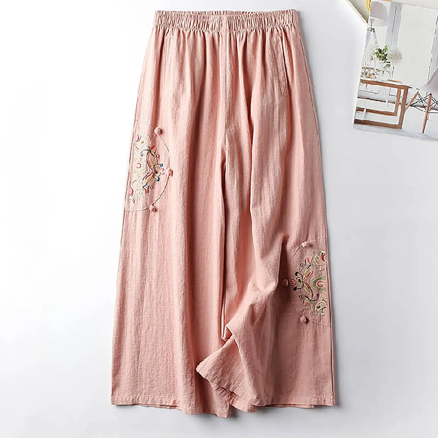 Women's Palazzo Pants Casual Plus Size Linen Wide Leg Pants Baggy Ankle Length Floral Embroidered Pants with Pockets