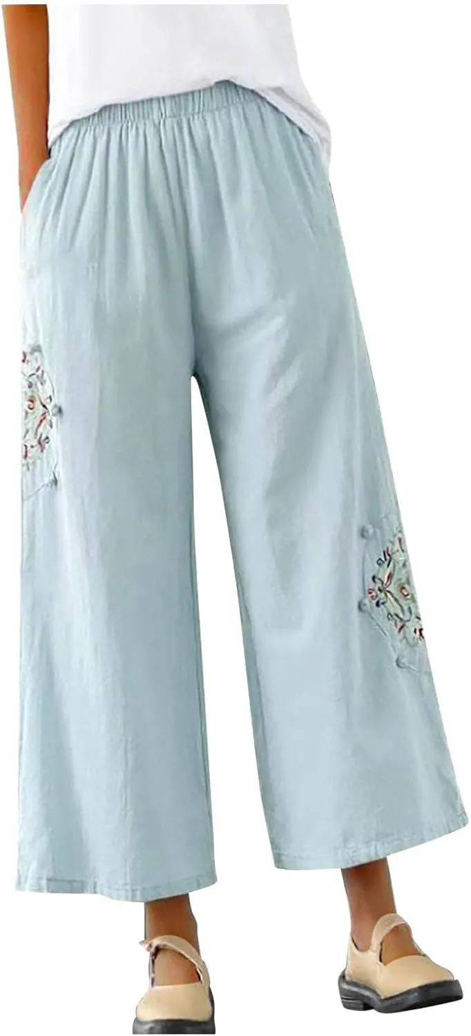 Women's Palazzo Pants Casual Plus Size Linen Wide Leg Pants Baggy Ankle Length Floral Embroidered Pants with Pockets