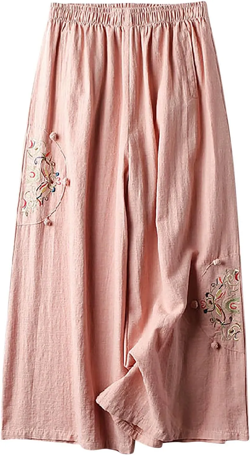 Women's Palazzo Pants Casual Plus Size Linen Wide Leg Pants Baggy Ankle Length Floral Embroidered Pants with Pockets