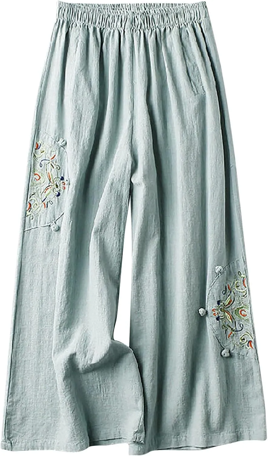 Women's Palazzo Pants Casual Plus Size Linen Wide Leg Pants Baggy Ankle Length Floral Embroidered Pants with Pockets