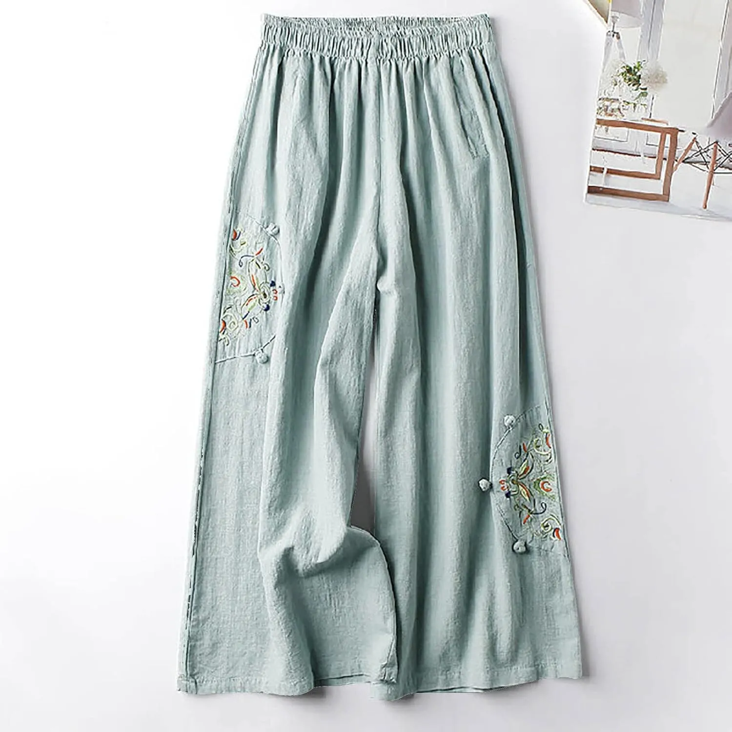 Women's Palazzo Pants Casual Plus Size Linen Wide Leg Pants Baggy Ankle Length Floral Embroidered Pants with Pockets