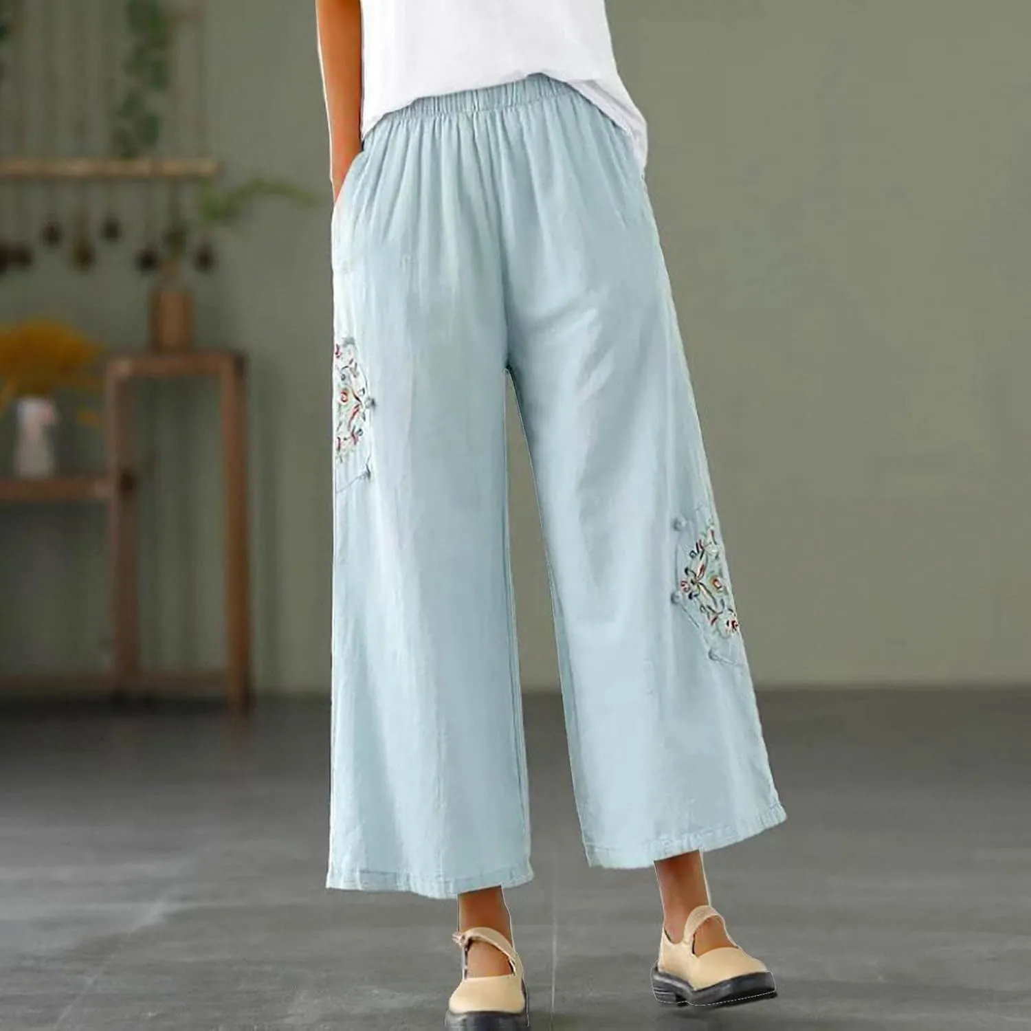 Women's Palazzo Pants Casual Plus Size Linen Wide Leg Pants Baggy Ankle Length Floral Embroidered Pants with Pockets