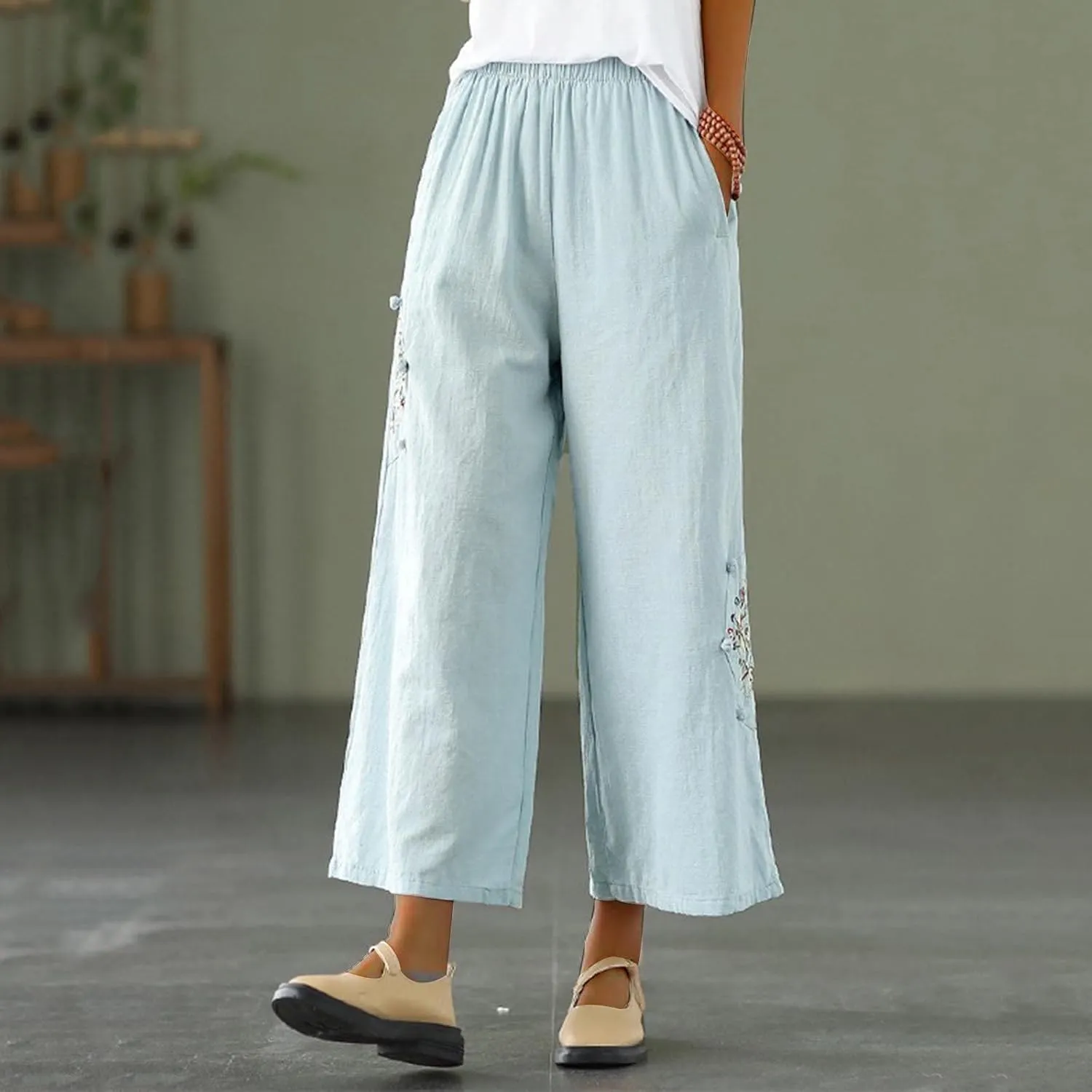 Women's Palazzo Pants Casual Plus Size Linen Wide Leg Pants Baggy Ankle Length Floral Embroidered Pants with Pockets