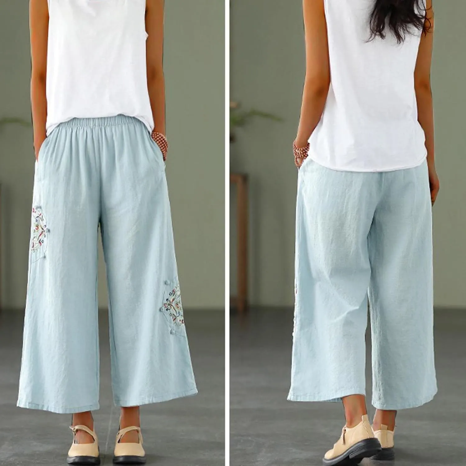 Women's Palazzo Pants Casual Plus Size Linen Wide Leg Pants Baggy Ankle Length Floral Embroidered Pants with Pockets