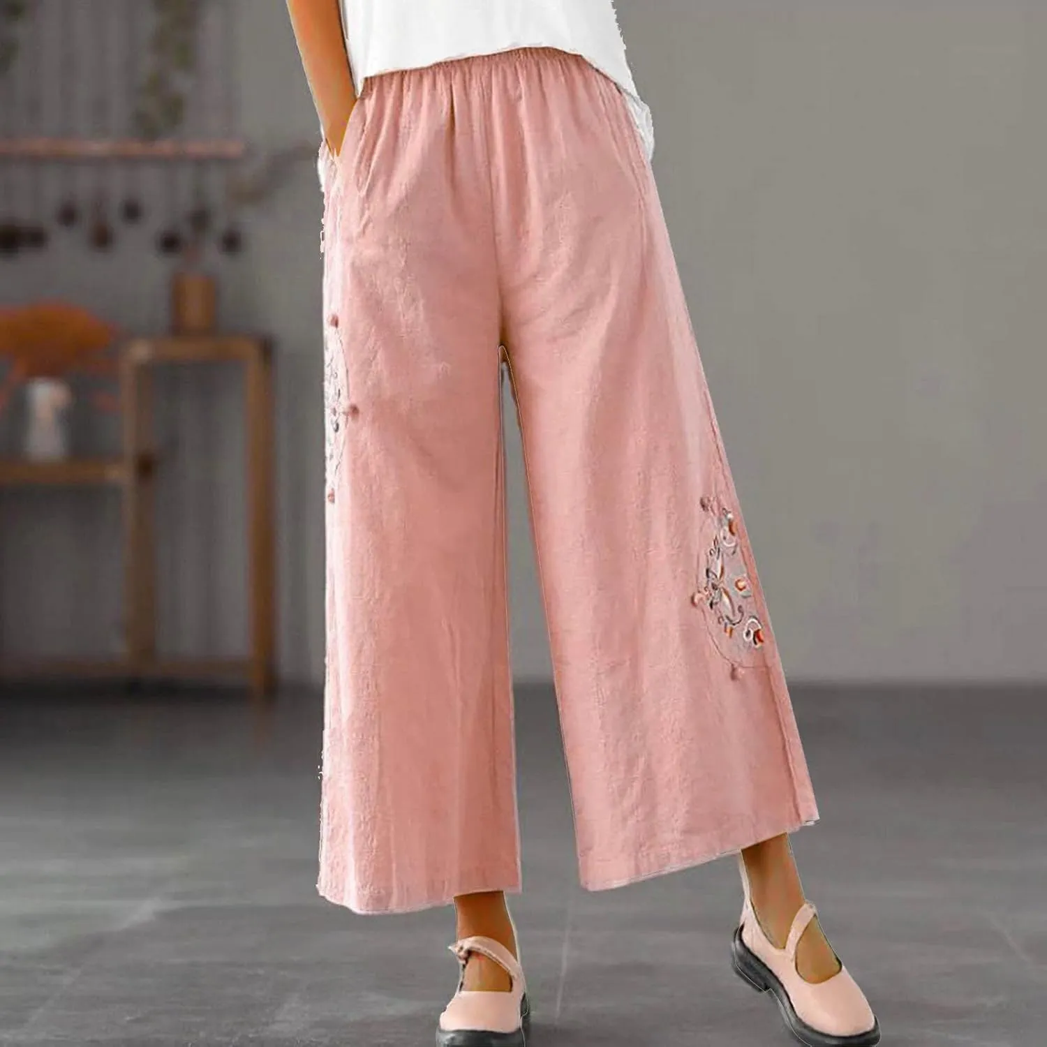 Women's Palazzo Pants Casual Plus Size Linen Wide Leg Pants Baggy Ankle Length Floral Embroidered Pants with Pockets