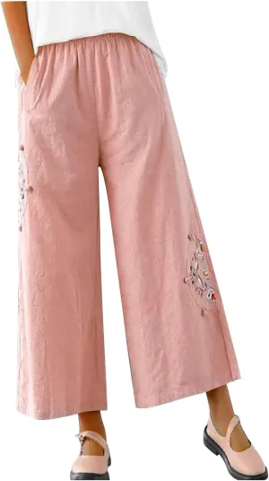 Women's Palazzo Pants Casual Plus Size Linen Wide Leg Pants Baggy Ankle Length Floral Embroidered Pants with Pockets