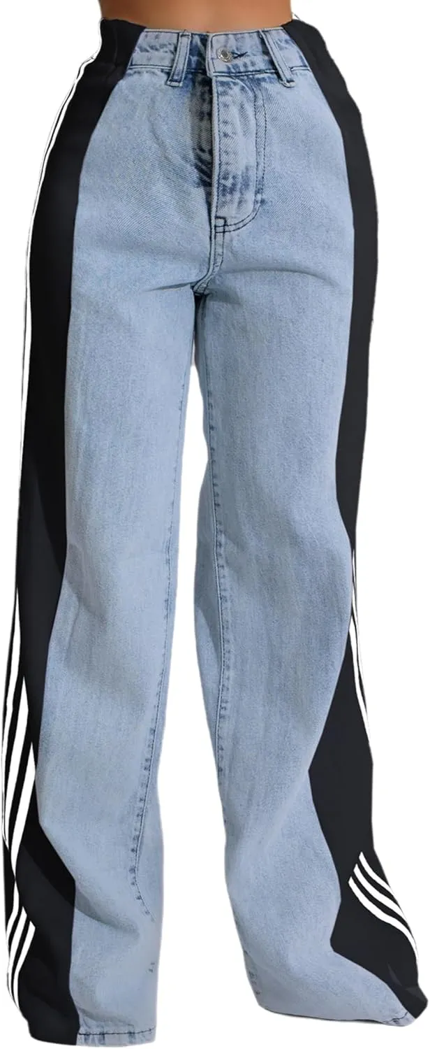 Women's Patchwork Wide Leg Jeans High Waist Baggy Stripes Jeans Stretchy Straight Denim Pants