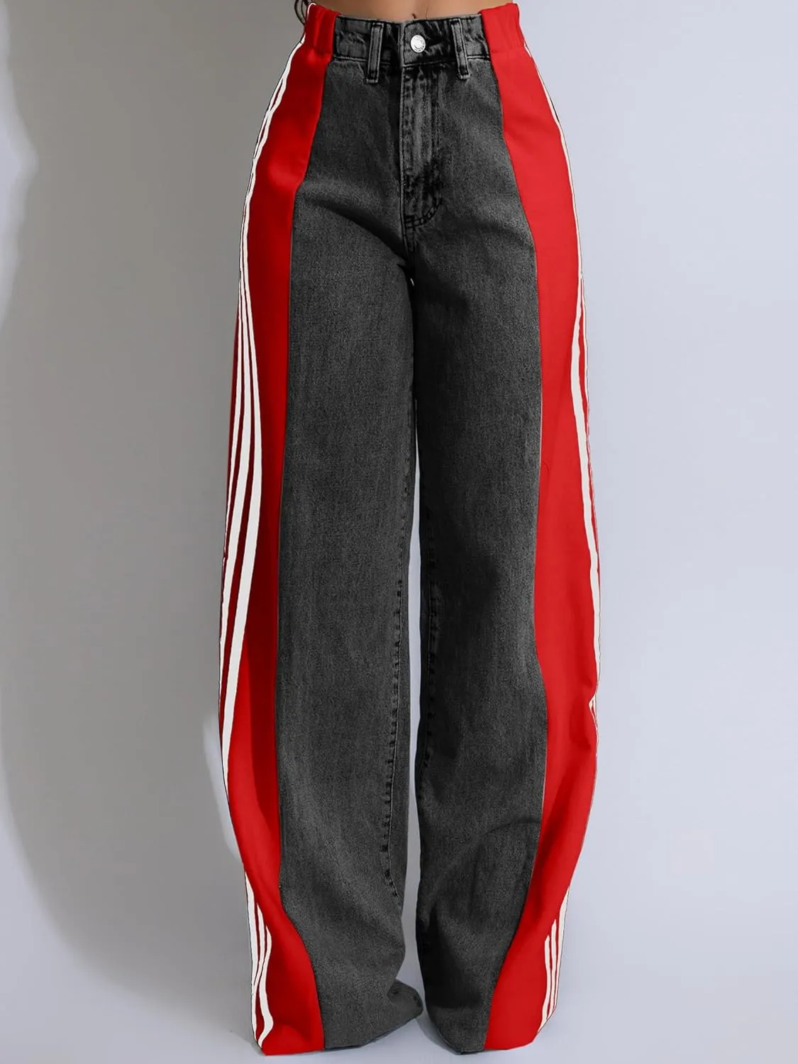 Women's Patchwork Wide Leg Jeans High Waist Baggy Stripes Jeans Stretchy Straight Denim Pants