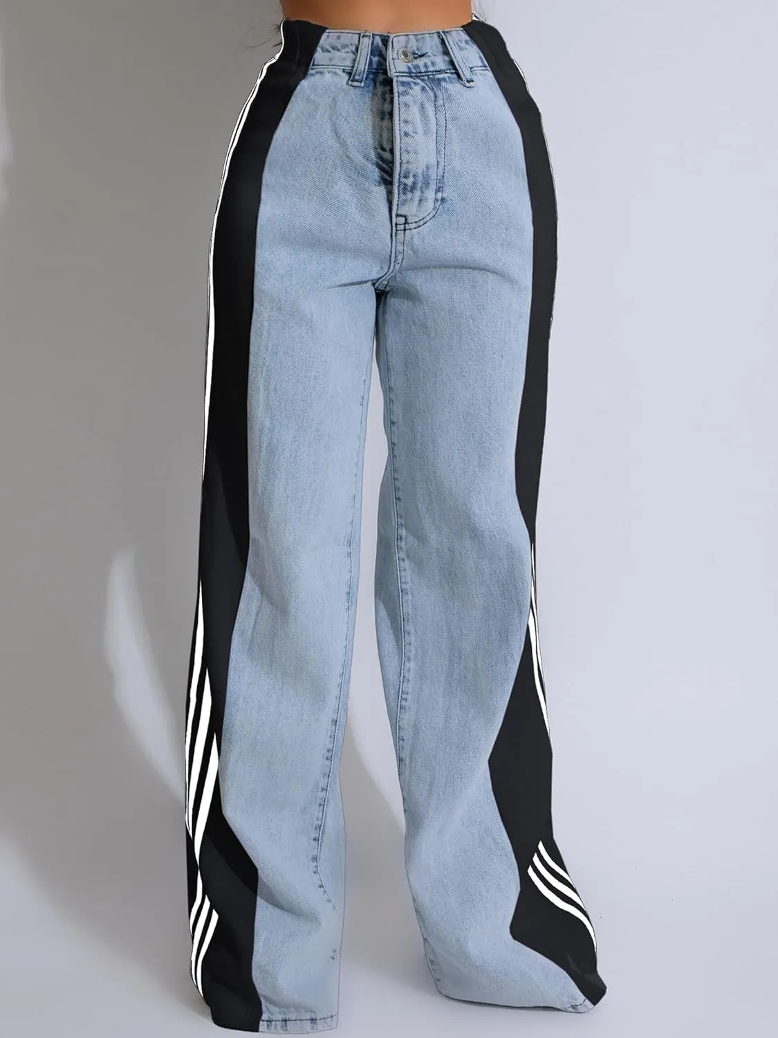 Women's Patchwork Wide Leg Jeans High Waist Baggy Stripes Jeans Stretchy Straight Denim Pants