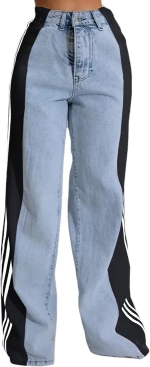 Women's Patchwork Wide Leg Jeans High Waist Baggy Stripes Jeans Stretchy Straight Denim Pants