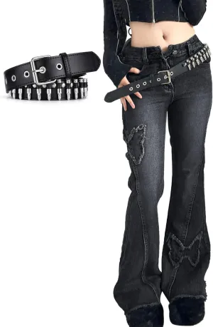 Womens Petite Flare Jeans Y2K Butterfly Low Rise Denim Pants Vintage Grunge Distressed Baggy Jeans