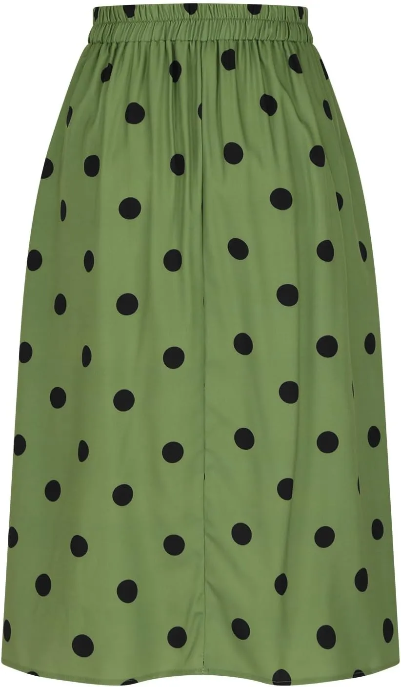 Women's Polka Dots Long Skirt, Elastic High Waisted Skirts Pleated Loose A-Line Business Casual Skirts with Pockets