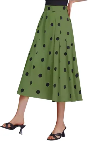 Women's Polka Dots Long Skirt, Elastic High Waisted Skirts Pleated Loose A-Line Business Casual Skirts with Pockets