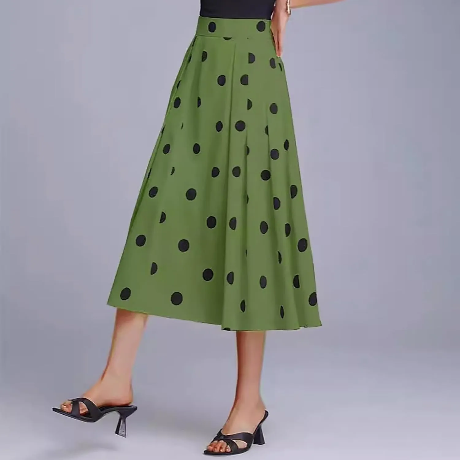 Women's Polka Dots Long Skirt, Elastic High Waisted Skirts Pleated Loose A-Line Business Casual Skirts with Pockets