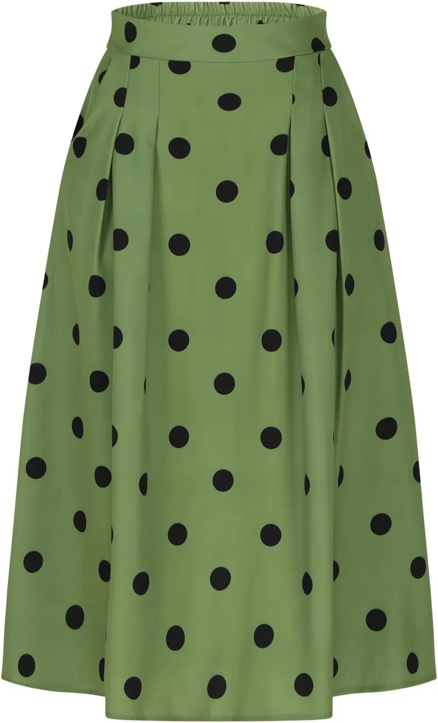 Women's Polka Dots Long Skirt, Elastic High Waisted Skirts Pleated Loose A-Line Business Casual Skirts with Pockets