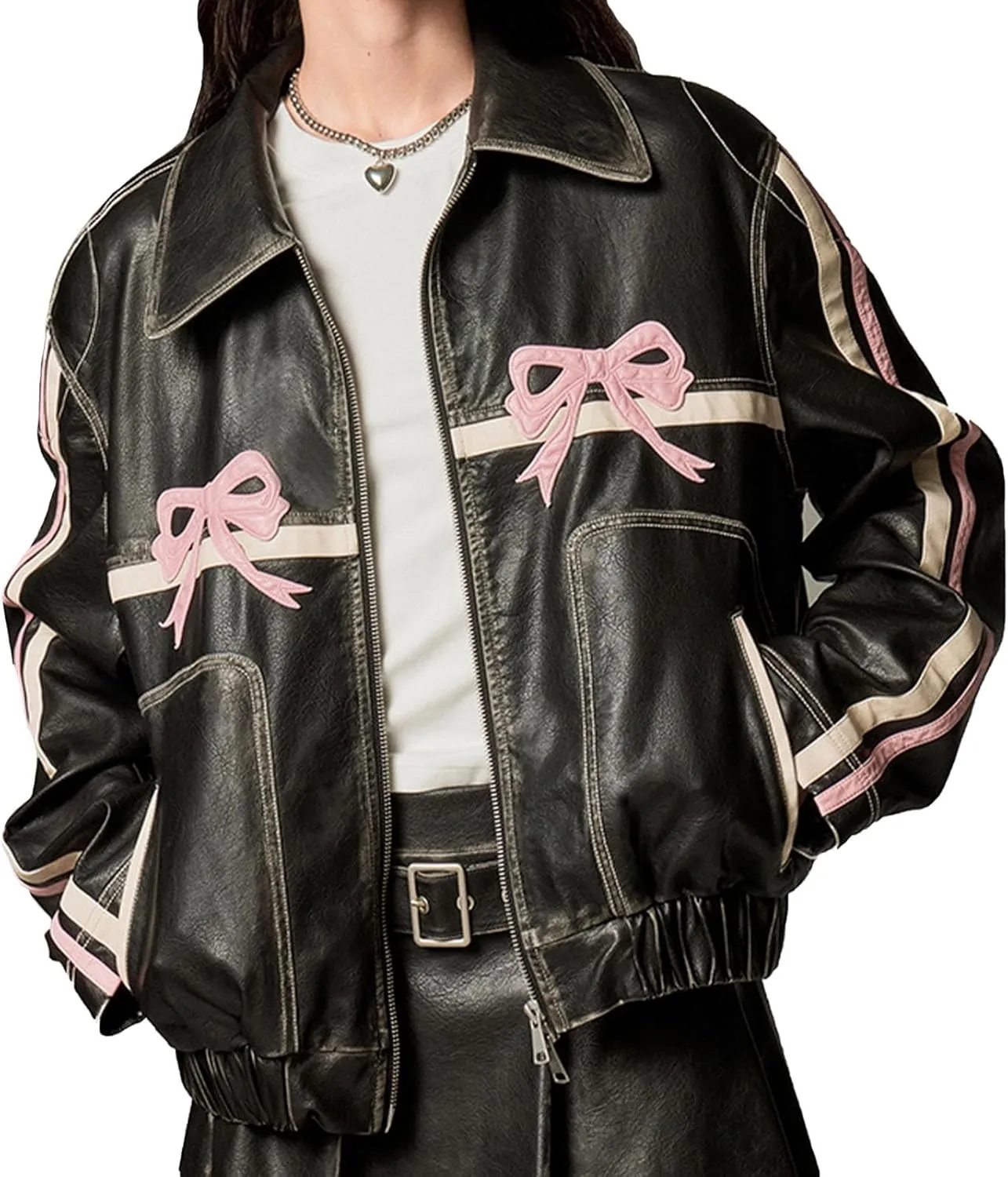 Womens PU Bow Jacket Leather Fashion Sweet Cool Coat Polo-Neck Vintage Street Loose Pink Bomber Motorcycle Jacket(Pink bow,Medium)
