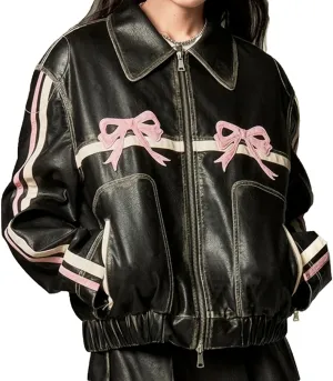 Womens PU Bow Jacket Leather Fashion Sweet Cool Coat Polo-Neck Vintage Street Loose Pink Bomber Motorcycle Jacket(Pink bow,Medium)
