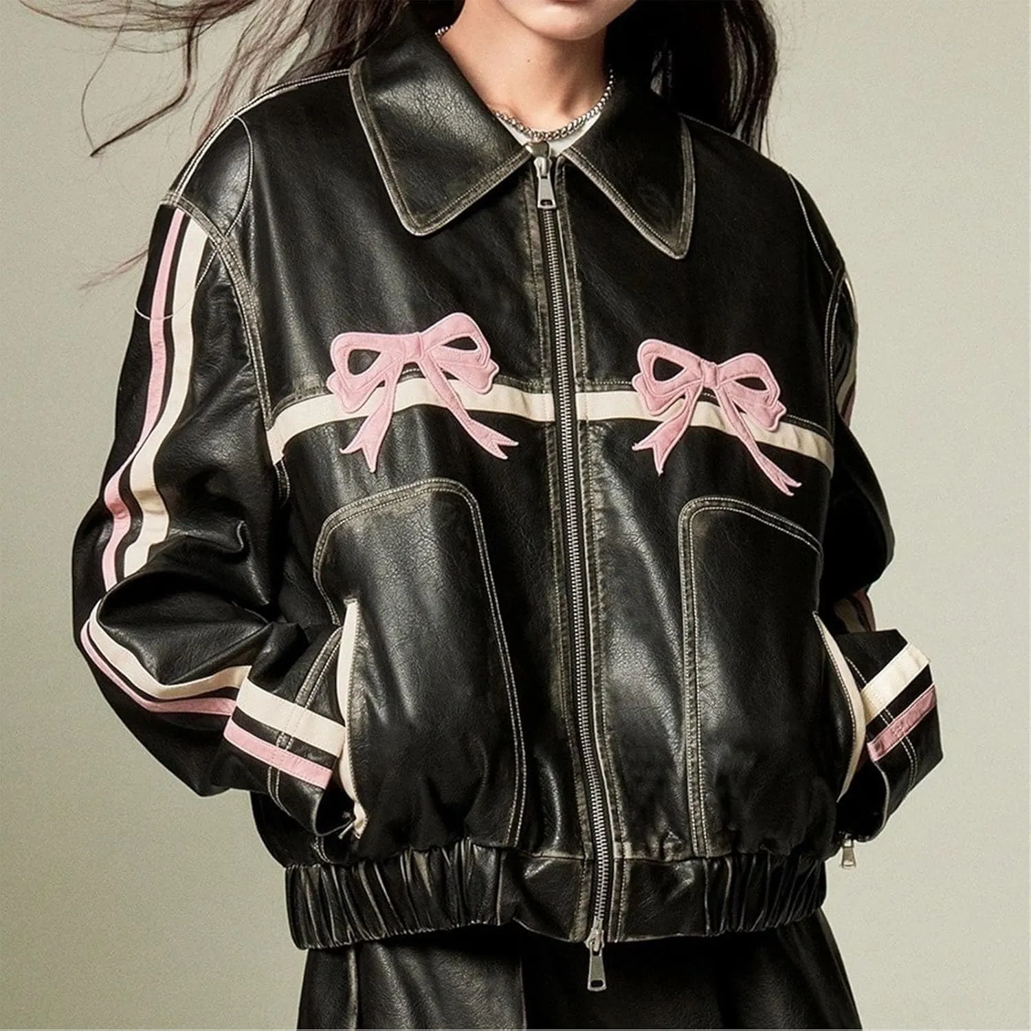 Womens PU Bow Jacket Leather Fashion Sweet Cool Coat Polo-Neck Vintage Street Loose Pink Bomber Motorcycle Jacket(Pink bow,Medium)