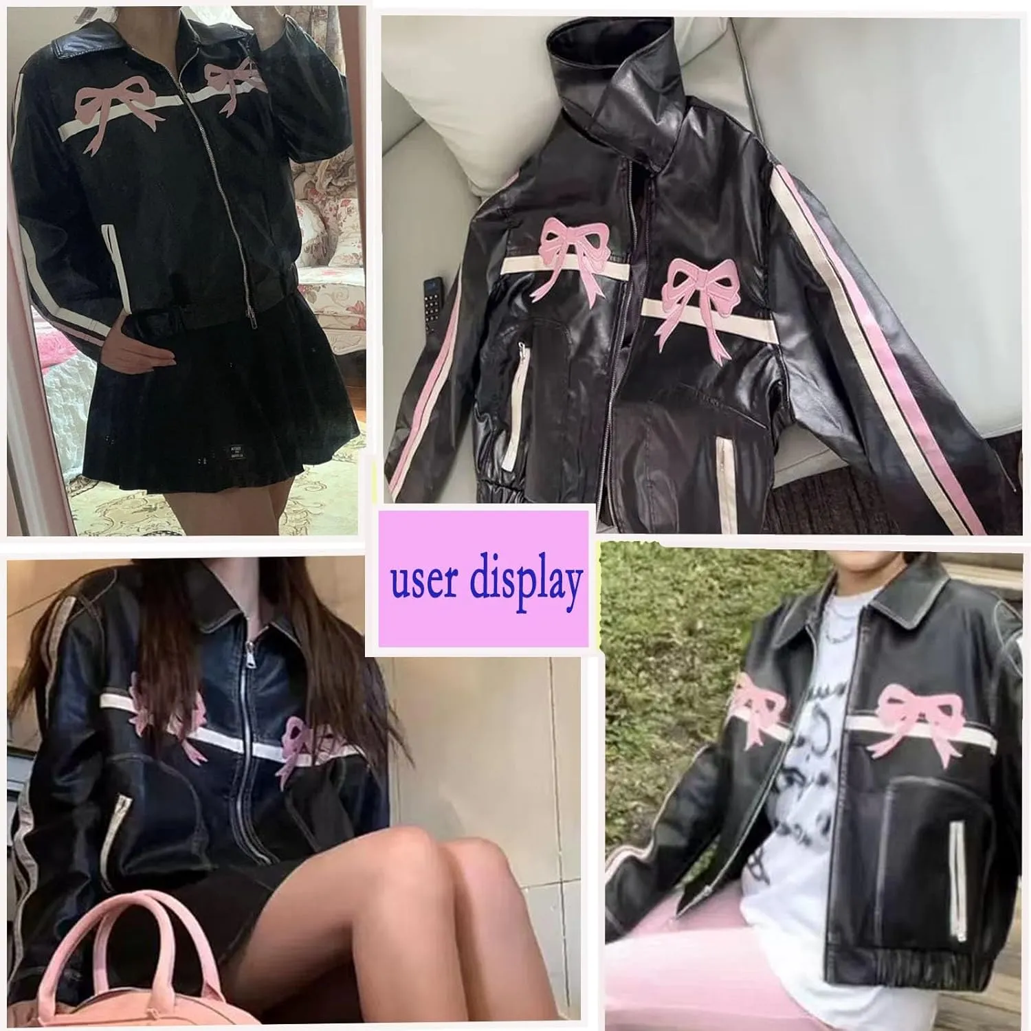Womens PU Bow Jacket Leather Fashion Sweet Cool Coat Polo-Neck Vintage Street Loose Pink Bomber Motorcycle Jacket(Pink bow,Medium)