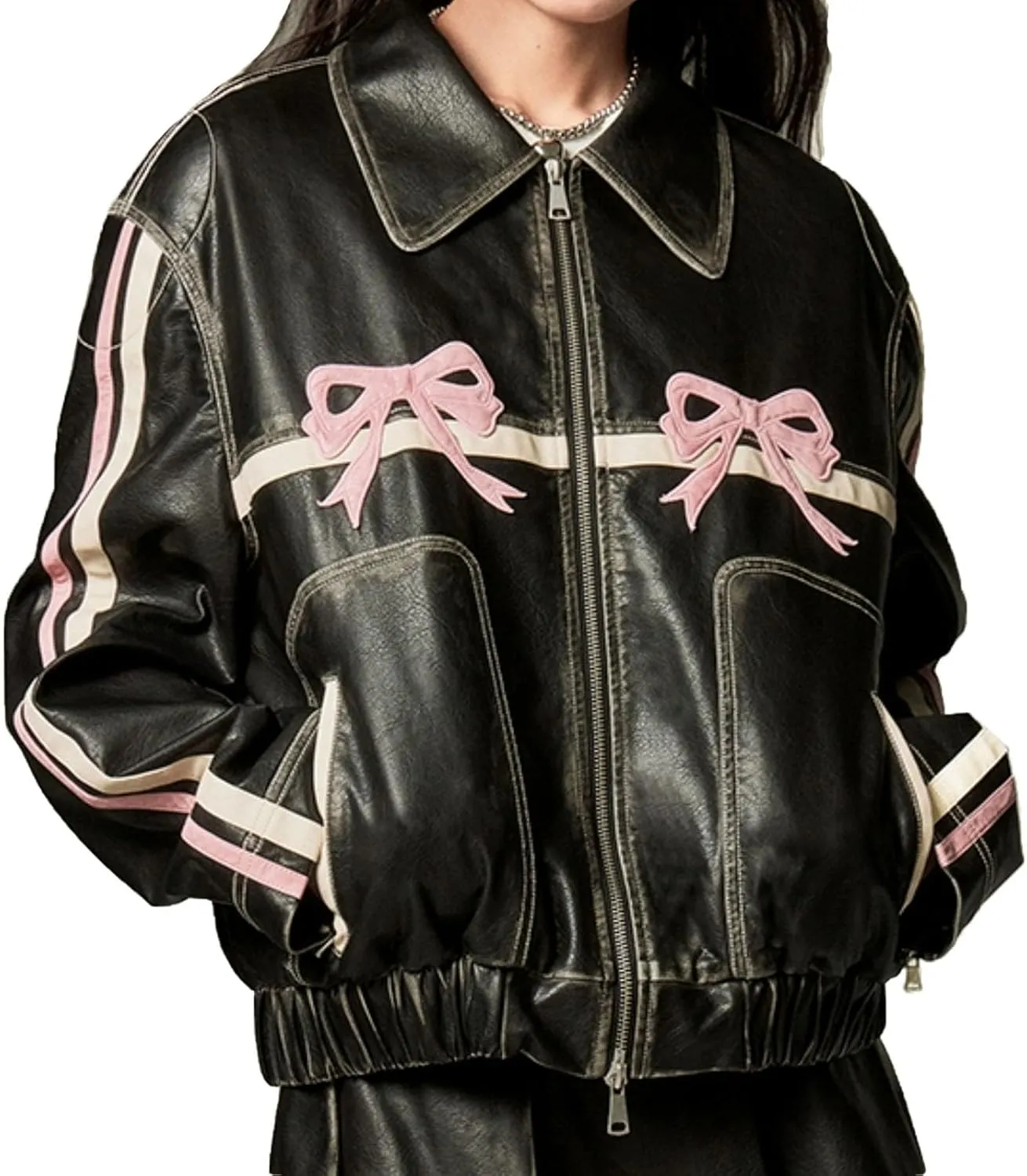 Womens PU Bow Jacket Leather Fashion Sweet Cool Coat Polo-Neck Vintage Street Loose Pink Bomber Motorcycle Jacket(Pink bow,Medium)