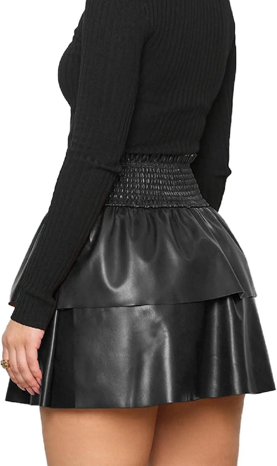Women's PU Leather Pleated Double Layer Puffy Skirt Womens Skirts Long Checke