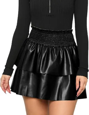 Women's PU Leather Pleated Double Layer Puffy Skirt Womens Skirts Long Checke