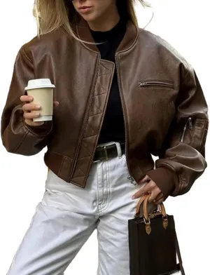 Womens PU Leather Short Jacket Zip Up Vintage Bomber Jacket Oversized Motorcycle Jacket