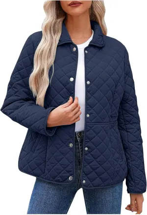 Womens Quilted Jackets Lightweight Casual Long Sleeve Button Down Lapel Puffer Coat Fall Winter Solid Color Warm Top