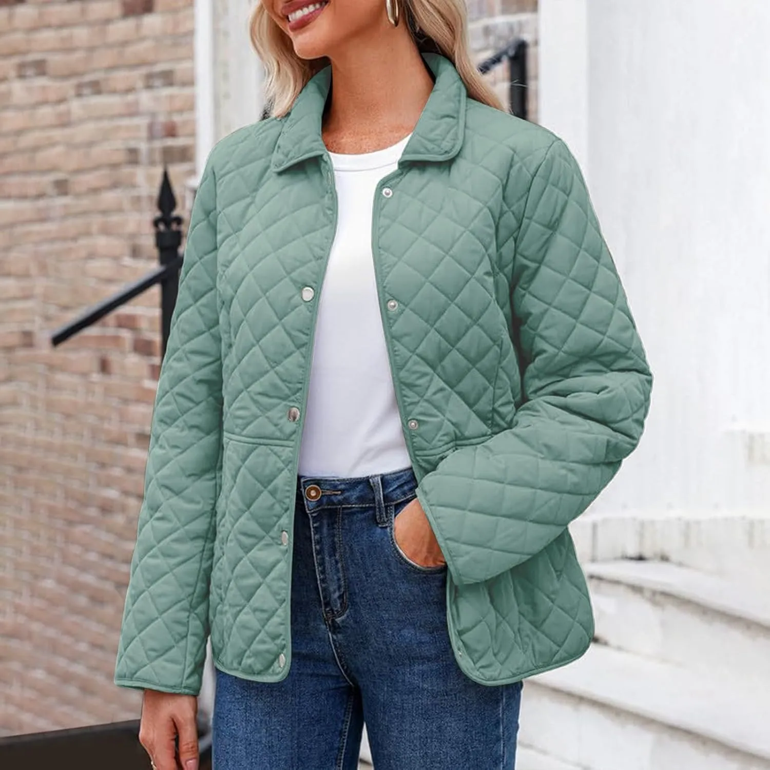 Womens Quilted Jackets Lightweight Casual Long Sleeve Button Down Lapel Puffer Coat Fall Winter Solid Color Warm Top