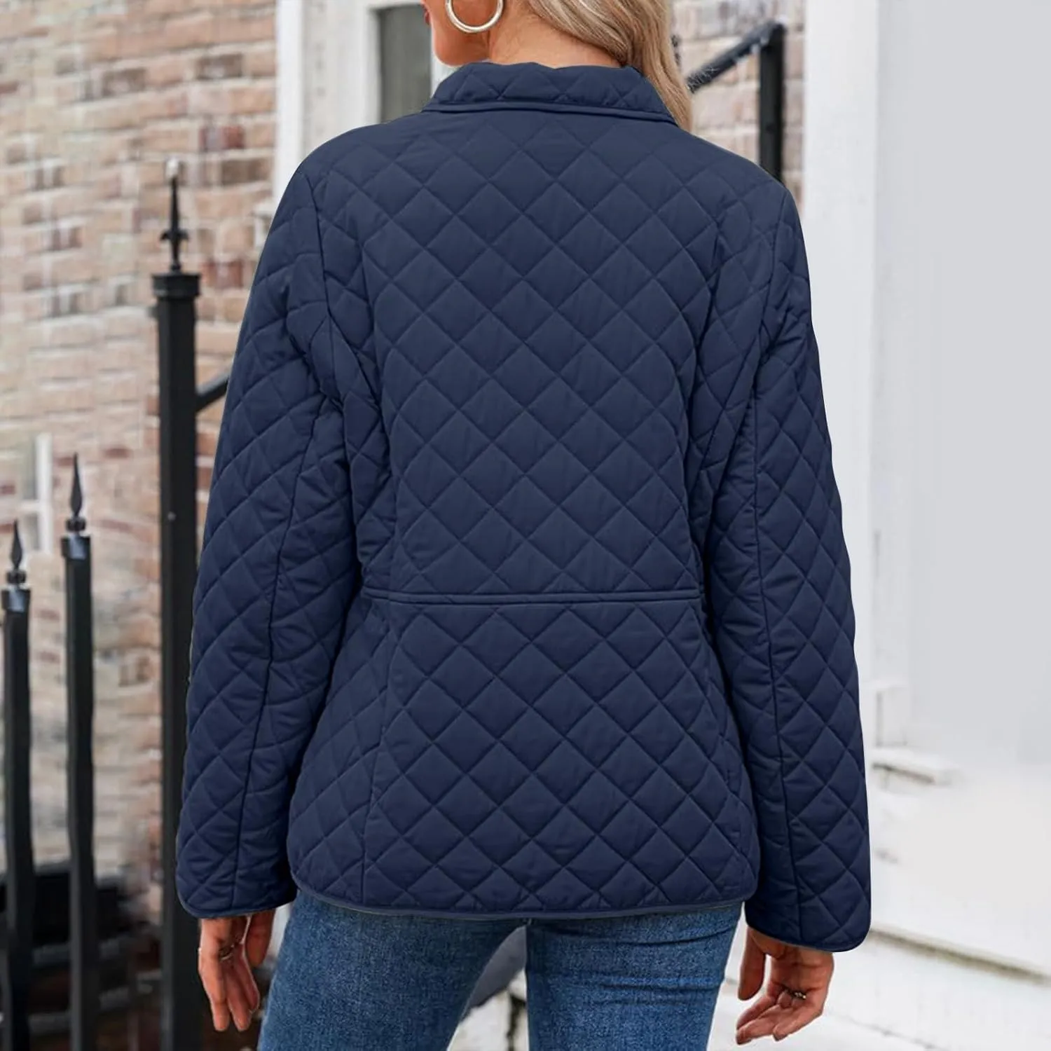 Womens Quilted Jackets Lightweight Casual Long Sleeve Button Down Lapel Puffer Coat Fall Winter Solid Color Warm Top