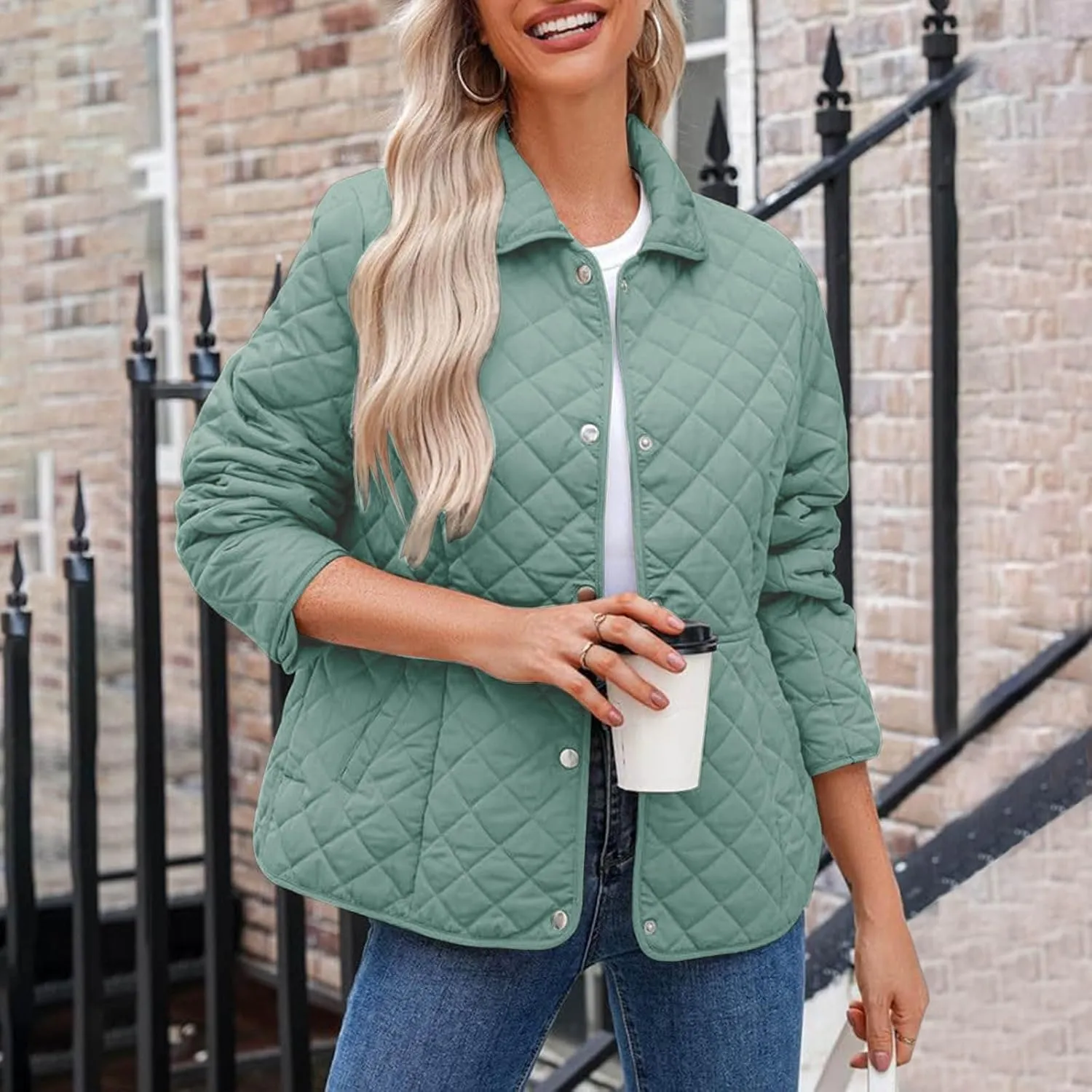 Womens Quilted Jackets Lightweight Casual Long Sleeve Button Down Lapel Puffer Coat Fall Winter Solid Color Warm Top