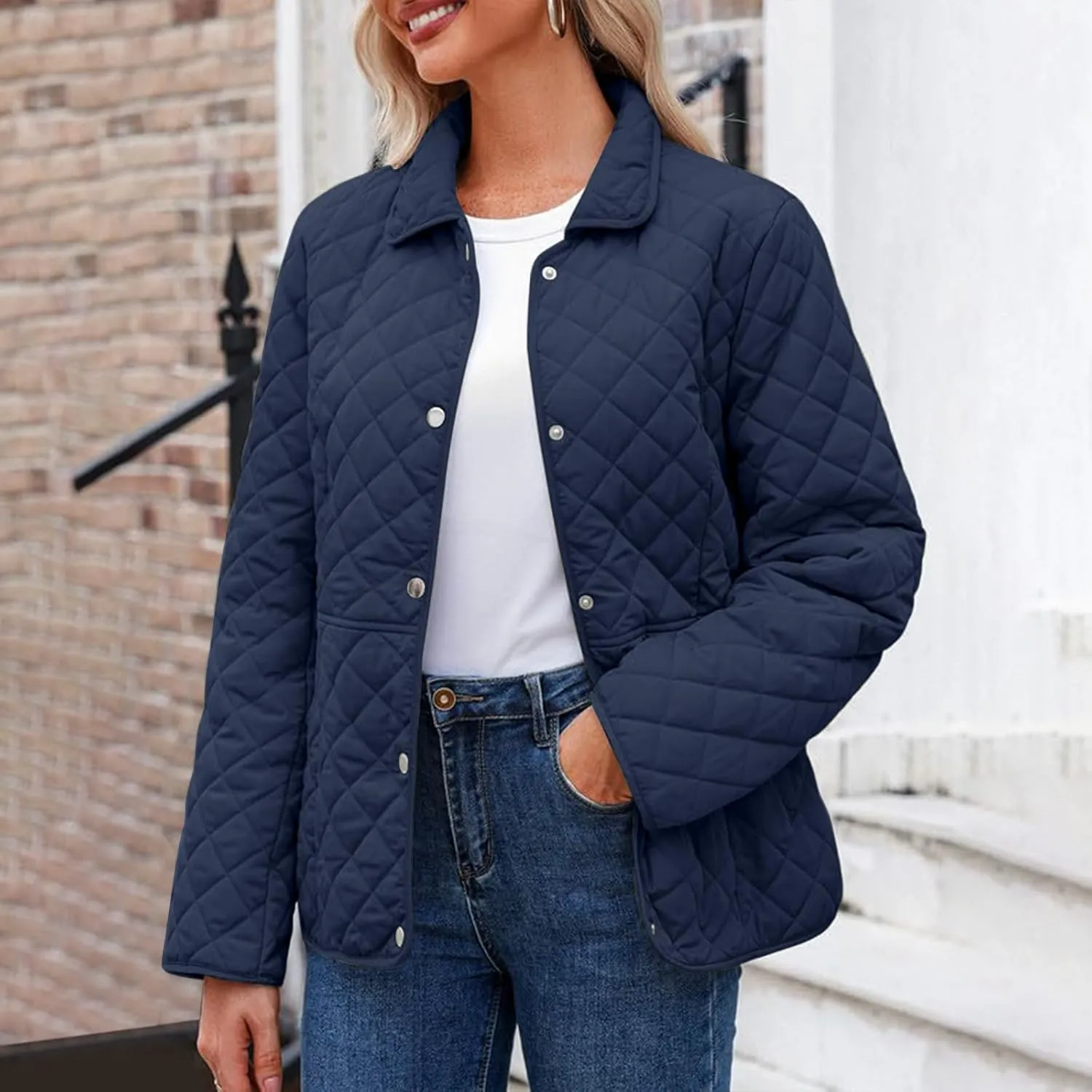 Womens Quilted Jackets Lightweight Casual Long Sleeve Button Down Lapel Puffer Coat Fall Winter Solid Color Warm Top